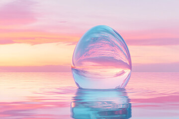 Poster - A crystal clear water droplet reflecting a serene pastel-colored sky and calm water, symbolizing purity and tranquility in nature. The image evokes feelings of calmness and clarity.