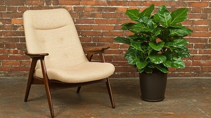 Wall Mural - Beige Upholstered Mid Century Modern Armchair with Potted Plant Against Brick Wall