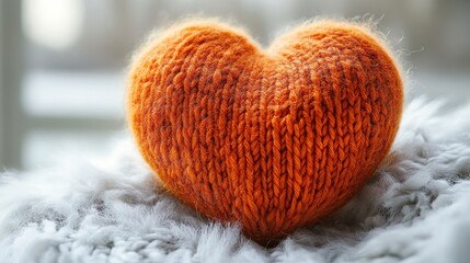 Poster - Warm Knitted Heart: A Symbol of Love and Comfort Resting on a Soft, Fluffy Blanket, Ideal for Valentine's Day or a Cozy Home Decor Theme.