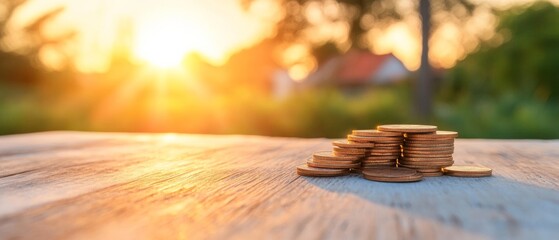 Poster - Sunset Finance Aesthetic Stacked Coins on Rustic Wood - Wealth Growth Visual Content for Real Estate Investment and Tax Planning Strategies