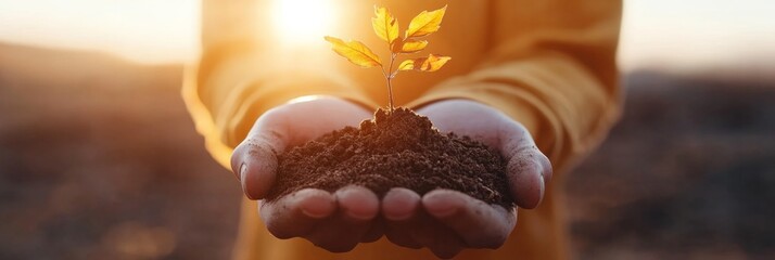 Aufkleber - Eco-Aesthetic Growth Visualization Vibrant Tree in Hands with Soil and Butterflies - Biodiversity Concept and Environmental Marketing for Sustainable Initiatives