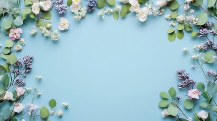 A flat lay of small white flowers and green leave background
