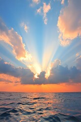 Poster - Ethereal Light Beams Over Ocean Dramatic Sky Illumination in Fine Art for Spiritual Inspiration and Modern Interior Design Textures