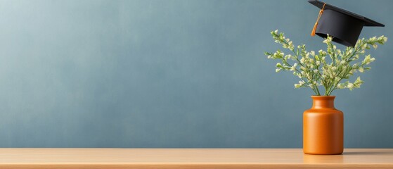 Poster - Eco-Chic Academic Workspace Ceramic Vase with Greenery and Graduation Cap - Digital Education and Sustainable Study Setup for Modern Learning Environments