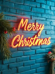 Poster - Neon Holiday Decor Vintage Merry Christmas in Glowing Script on Textured Brick - Festive Retail Signage and Trendy Seasonal Marketing Display