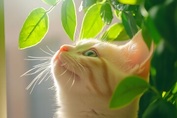Aufkleber - GardenCore Pet Portraits Playful White Kitten Among Sunlit Leaves for Modern Pet Marketing and Eco-Friendly Home Decor Inspiration