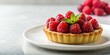 © Autun - Crimson raspberry tart, elegantly plated, minimalistic backdrop.  A burst of summer sweetness.