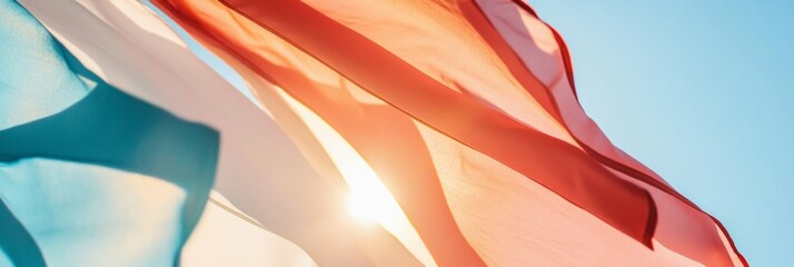 Poster - Vibrant Textile Stripes Sunlit Fabric Flags Seamlessly Waving in City Plaza - Inspiring Cultural Content and Dynamic Community Gathering Visuals