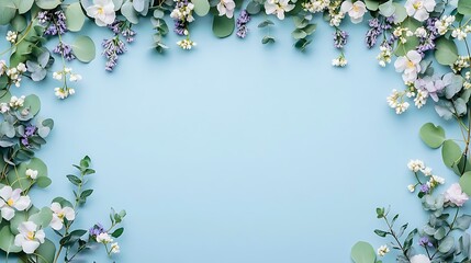 A flat lay of small white flowers and green leave background