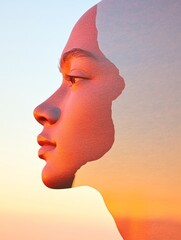 Poster - Ethereal Portrait Fusion Silhouetted Profile Merging with Vibrant Sunset Sky - Artistic Visual Content for Modern Branding and Creative Storytelling in Media