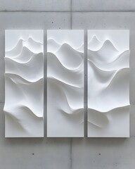 Poster - Minimalist White Wave Art Panels on Concrete Wall Modern Aesthetic Abstract Design