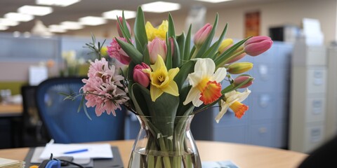 Festive Easter Flowers Brighten Office Workspace. A glass vase with colorful tulips and daffodils decorates an office desk, adding a festive Easter touch to the modern workspace with natural light.