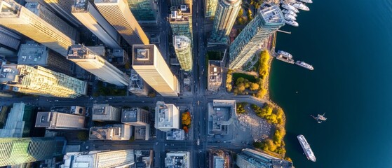 Poster - Drone-Captured Urban Aesthetic High-Rise Glass Structures and Waterfront in Cityscape - Strategic Urban Planning and Real Estate Development Imagery