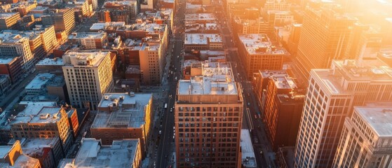Poster - Sunlit Urban Drone View Geometric Skyline with Modern Architecture and Textural Patterns - City Development Visualization for Urban Planning and Real Estate Innovation
