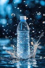 Poster - Refreshing bottle of water in dynamic splash on a dark blue background with bokeh lights