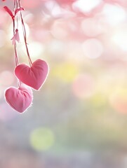 Wall Mural - two pink fabric heart decorations hanging on branches with blurred pastel bokeh background. soft rom