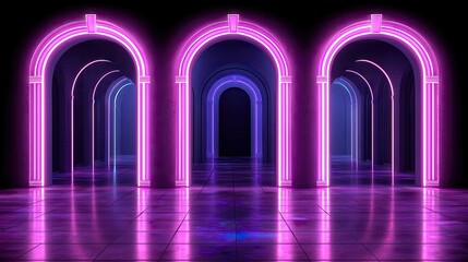 Poster - Neon Lit Archway Corridor Digital Art