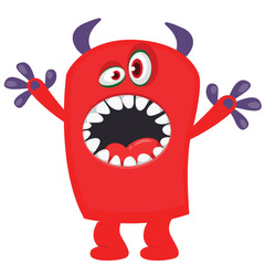 Wall Mural - Cartoon cute monster with funny excited face expression waving hands. Vector illustration isolated on white. Halloween design