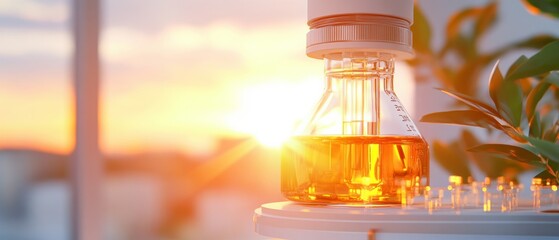 Poster - Sunset Lab Scene Glass Flask with Analysis Liquid and Metal Stand - Precision Testing and Research Imagery for Scientific Marketing and Tech Innovation