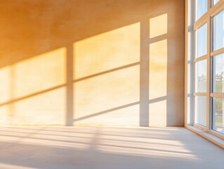 Poster - Minimalist Sunlit Space Large Glass Windows Cast Artistic Shadows on Textured Walls - Modern Architecture Content and Sustainable Interior Design Inspiration