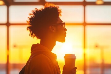 Aufkleber - Cinematic Transit Culture Young Indian Male with Coffee in Dramatic Light - Urban Lifestyle Imagery for Commuter Engagement and Modern Mobility Advertising