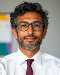 Aufkleber - Modern Hybrid Corporate Meetings South Asian Executive in Crisp White Shirt and Burgundy Tie Leading Virtual Strategy Session - Business Innovation and Remote Collaboration