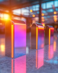 Fototapete - Futuristic Queue Management Neon-Lit Graphical Processing Stations on Reflective Surfaces - Streamlined Administrative Content for Government Office Efficiency