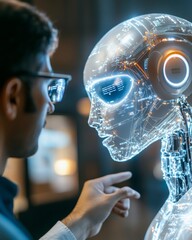 Aufkleber - Futuristic AI Office Interaction Indian Professionals Engage with Robotic Arm in High-Tech Space - Innovation Content for Business and Scientific Research Applications