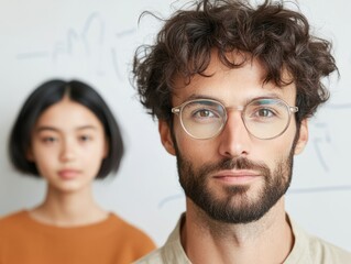 Aufkleber - Contemporary Education Collaboration Male Teacher with Glasses and Female Student Solving Equations on Whiteboard in Modern Classroom - Interactive Learning and Academic Success