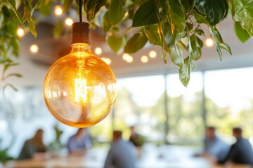 Fototapete - Bright Office Lounge Trendy Hanging Edison Bulbs and Lush Greenery - Modern Workplace Stress Relief and Comfortable Corporate Environment