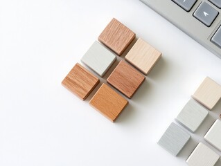 Poster - Minimalist Tax Visualization Wooden Blocks and Calculator on White - Modern Business Content and Property Tax Advisory for Efficient Financial Planning