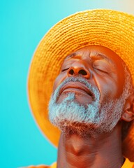 Poster - Vibrant Portrait Elderly Man in Straw Hat - Cultural Attire and Heritage Representation for Diverse Marketing and Community Engagement