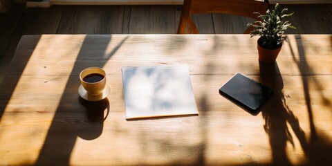 Aufkleber - Scandinavian Minimalism Wooden Desk with Coffee, Potted Plant and Tablet for Strategic Planning Modern Workspace Efficiency and Sustainable Business Solutions