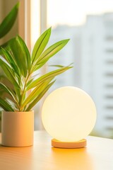 Aufkleber - Scandinavian Workspace Design Minimalist White Ceramic Planter and Soft Globe Lamp for Professional WellbeingContemporary Office Aesthetic and Enhanced Productivity