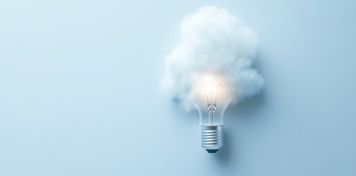 Concept of a light bulb-like rocket with a cloud on a white background, a flat lay banner for the idea and creativity concept, with a text area for copy space, with copy space