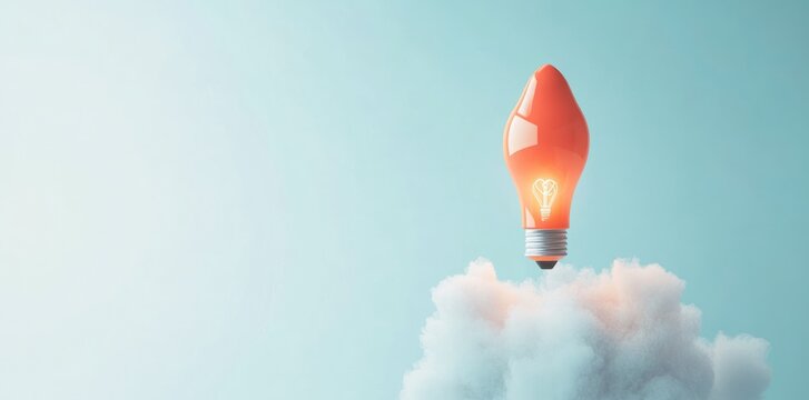 Concept of a light bulb-like rocket with a cloud on a white background, a flat lay banner for the idea and creativity concept, with a text area for copy space, with copy space