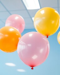 Poster - Vibrant Coworking Vibe Pastel Balloons in Office Blur - Interactive Marketing for Young Professional Engagement and Contemporary Workspace Design