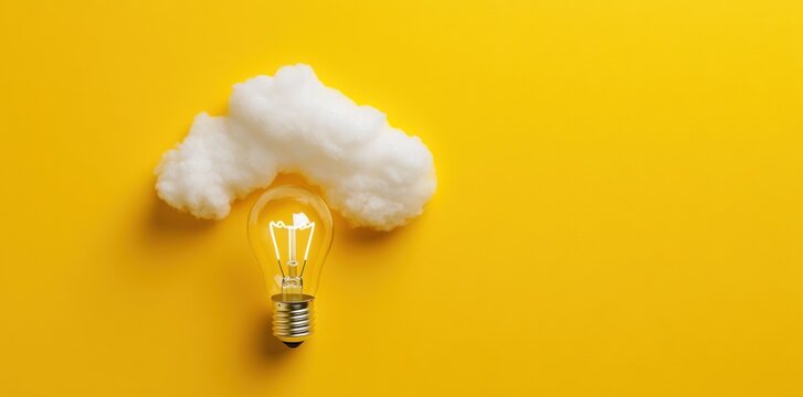 Concept of idea and innovation with a light bulb on a rocket, cloud paper cut shape isolated on a yellow background with copy space for your text mockup or banner template