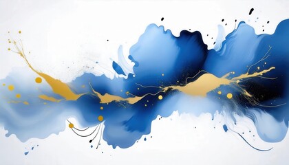 Poster - dynamic blue and gold abstract flow with splatter highlights for modern interiors and artistic wall decor