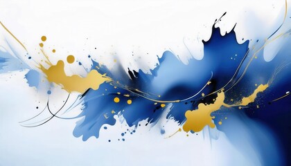 Poster - dynamic blue and gold abstract flow with splatter highlights for modern interiors and artistic wall decor