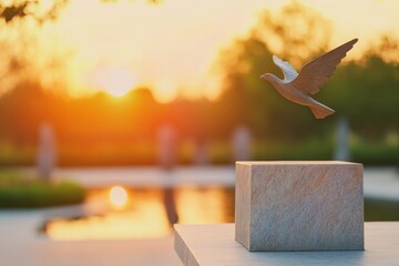 sunlit stone eagle sculpture with flag backdrop patriotic monument design in ceremonial plaza - arch