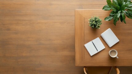 Poster - Minimalist Workspace Design Wooden Table with Notebooks and Coffee Cup - Modern Educational Content and Collaborative Study Environment for Enhanced Student Engagement