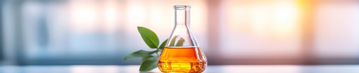 Aufkleber - Minimalist Science Aesthetic Glass Flask with Amber Liquid and Green Leaves on Laboratory Table Innovating Clean Product Branding and Sustainable Research Imagery