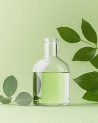 Poster - Minimalist Botanical Aesthetic Glass Flask with Green Serum and Foliage - Eco-Friendly Skincare Content and Sustainable Beauty Branding