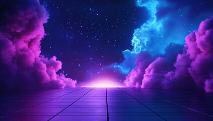 Poster - synthwave cloudscape: neon nightscape tiles reflecting starry sky with purple and blue hues.