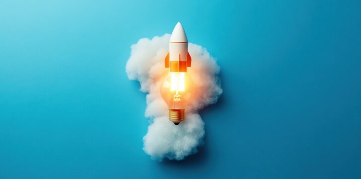 Concept of a light bulb with a rocket and cloud on a blue background, an idea concept banner for business success, creative thinking, or innovative technology ideas.