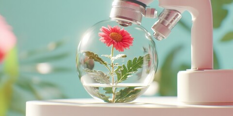 Poster - Pastel Eco-Aesthetic Floral-Based Microscopic Analysis with Glass Equipment in Botanical Lab - Scientific Research and Green Innovation Content for Biotechnology Industry