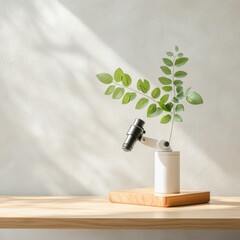 Poster - Minimalist Botanical Microscope Display Wooden Base with Foliage - Contemporary STEM Education Decor and Nature-Inspired Scientific Learning Tools for Classrooms