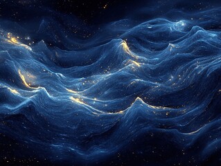 Poster - Golden Waves in Dark Blue