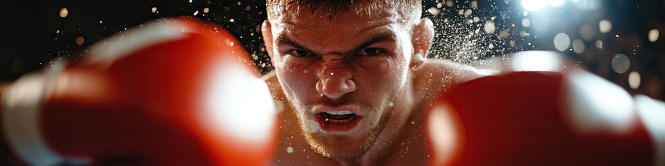 Wall Mural - Close-up of Boxer with Red Gloves and Water Splashes